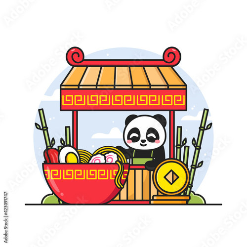 cute panda selling noodle illustration