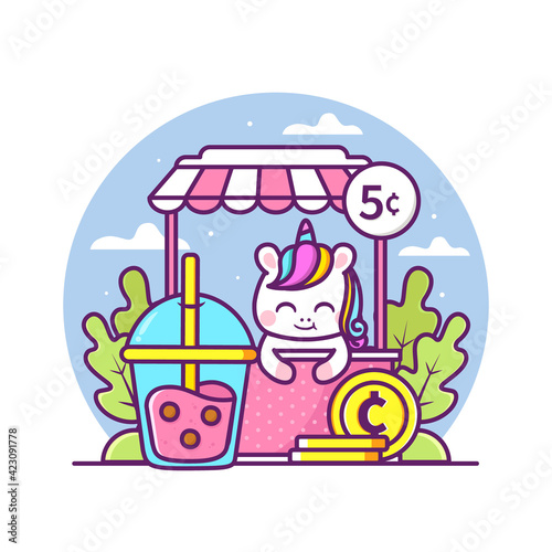 cute unicorn selling bubble tea illustration
