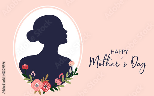 Girl silhouette with flowers. Happy Mothers Day card