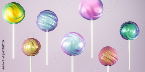 Canvastavla Colorful lollipop sweet candies on stick, pastel background, 3d rendering