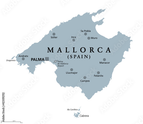 Mallorca, gray political map, with capital Palma and important towns. Majorca, largest Island of the autonomous community of the Balearic Islands, part of Spain, located in Mediterranean Sea. Vector.