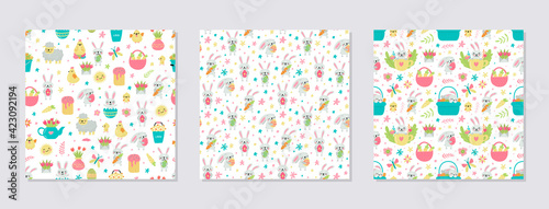 Set of vector seamless pattern for Easter with rabbits and eggs and spring designs.