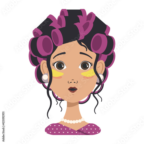 Girl with pink curlers and yellow patches