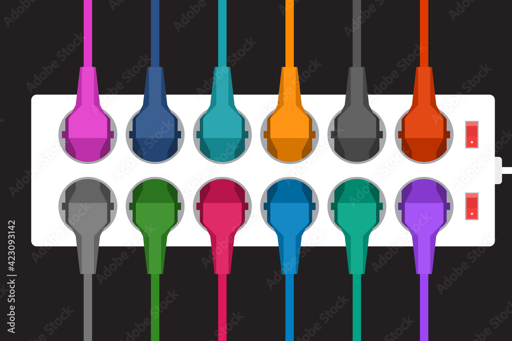 Naklejka premium Plenty of electrical household appliances are plugged to power strip