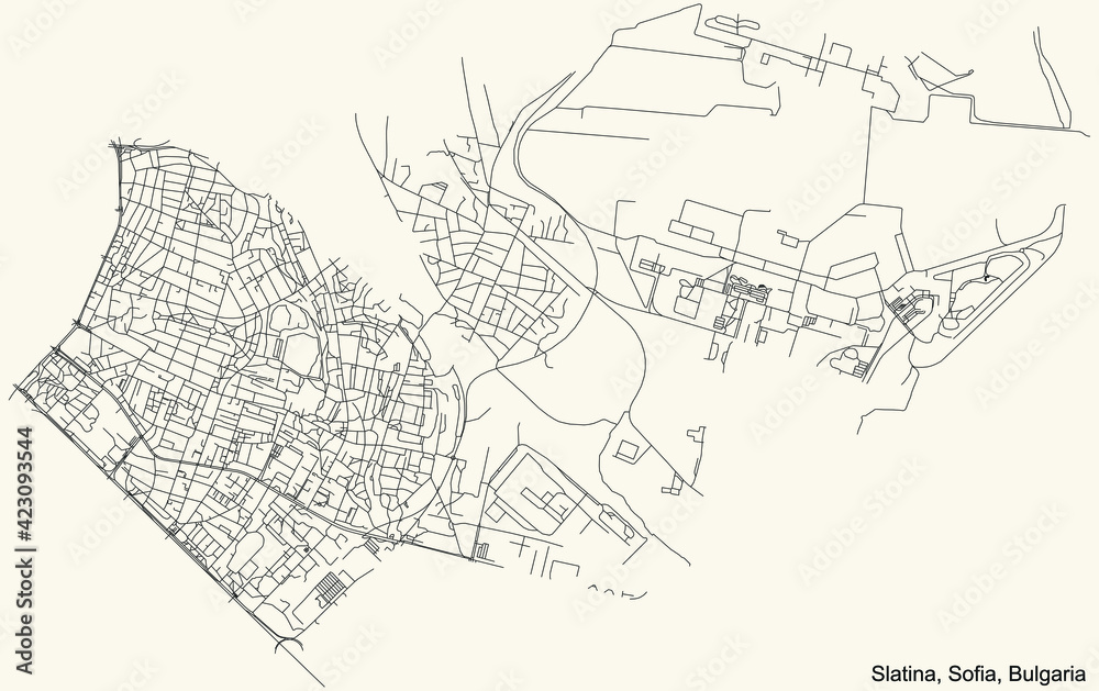 Black simple detailed street roads map on vintage beige background of the quarter Slatina district of Sofia, Bulgaria