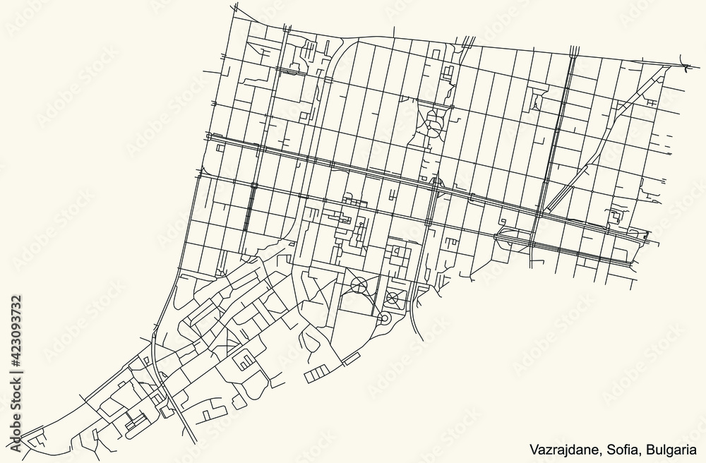 Black simple detailed street roads map on vintage beige background of the quarter Vazrazhdane district of Sofia, Bulgaria