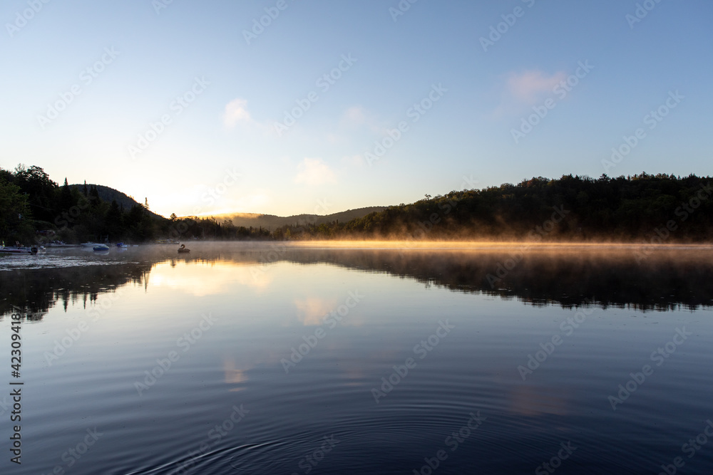 vue d'un cygne gonflable qui flotte sur un lac calme lors d'un lever de soleil
