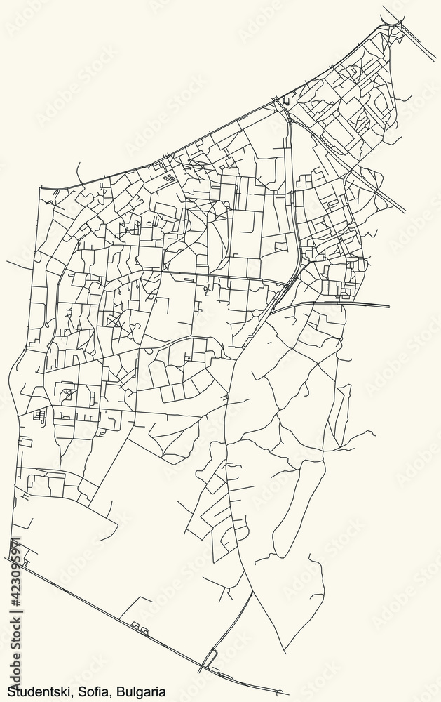 Black simple detailed street roads map on vintage beige background of the quarter Studentski district of Sofia, Bulgaria