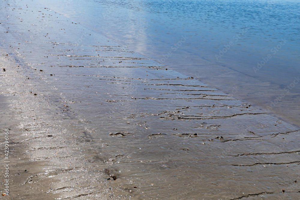 Water's edge with sandy beach and still blue waters, ocean bay or river, horizontal aspect Water's edge with sandy beach and still blue waters, ocean bay or river, horizontal aspect