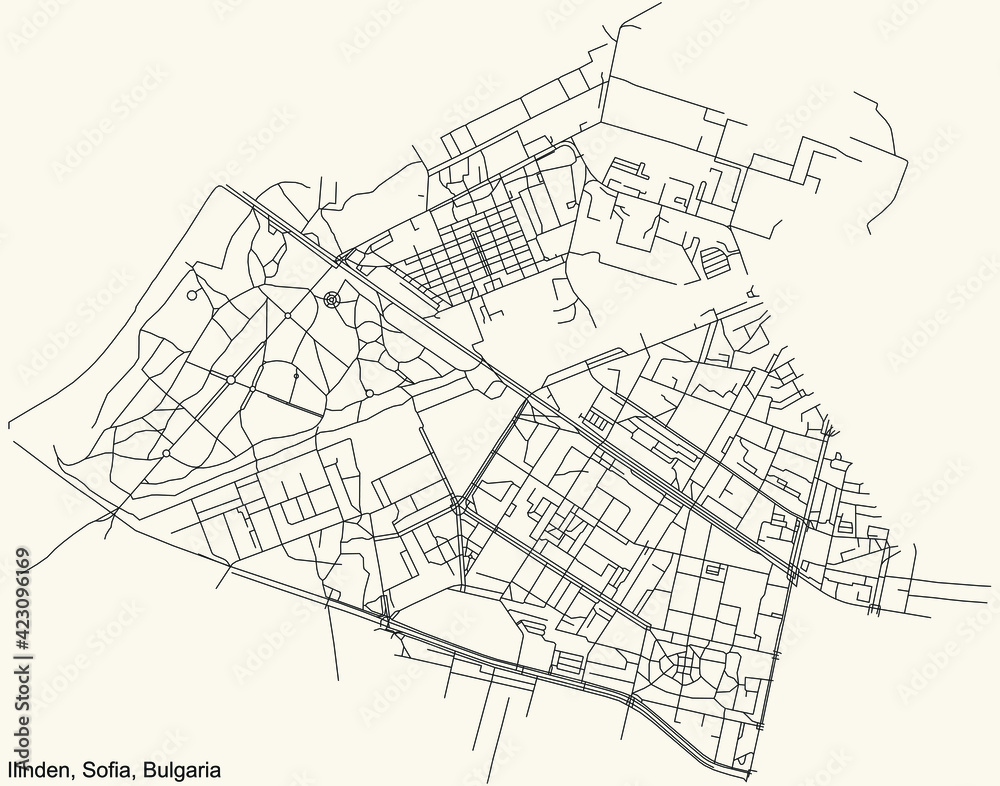 Black simple detailed street roads map on vintage beige background of the quarter Ilinden district of Sofia, Bulgaria
