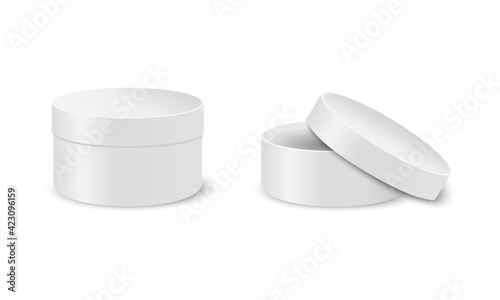 Round cardboard boxes mockup. Closed and open white cylinder packages isolated on white background. Containers for gift, cosmetics, cookies. Vector realistic illustration.