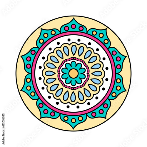 Colorful vector mandala with flower and decorative elements. Round pattern for book, design, illustration, games, stickers, relax and meditation