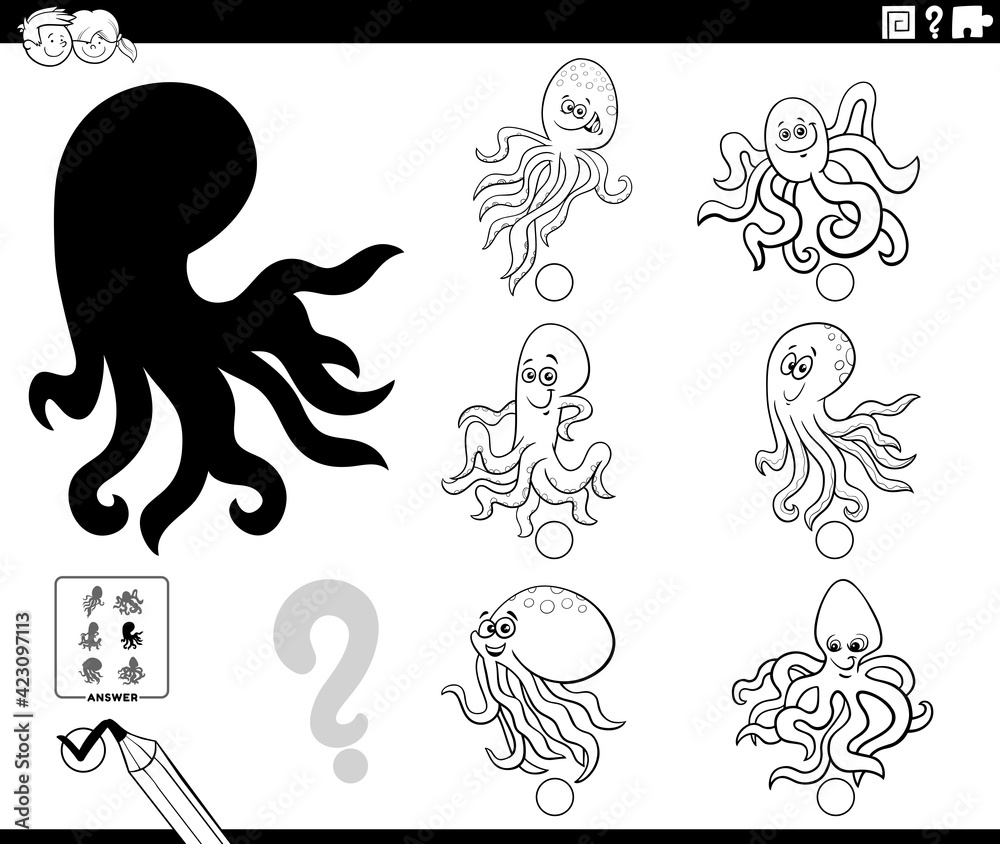 shadows game with cartoon octopuses coloring book page Stock Vector