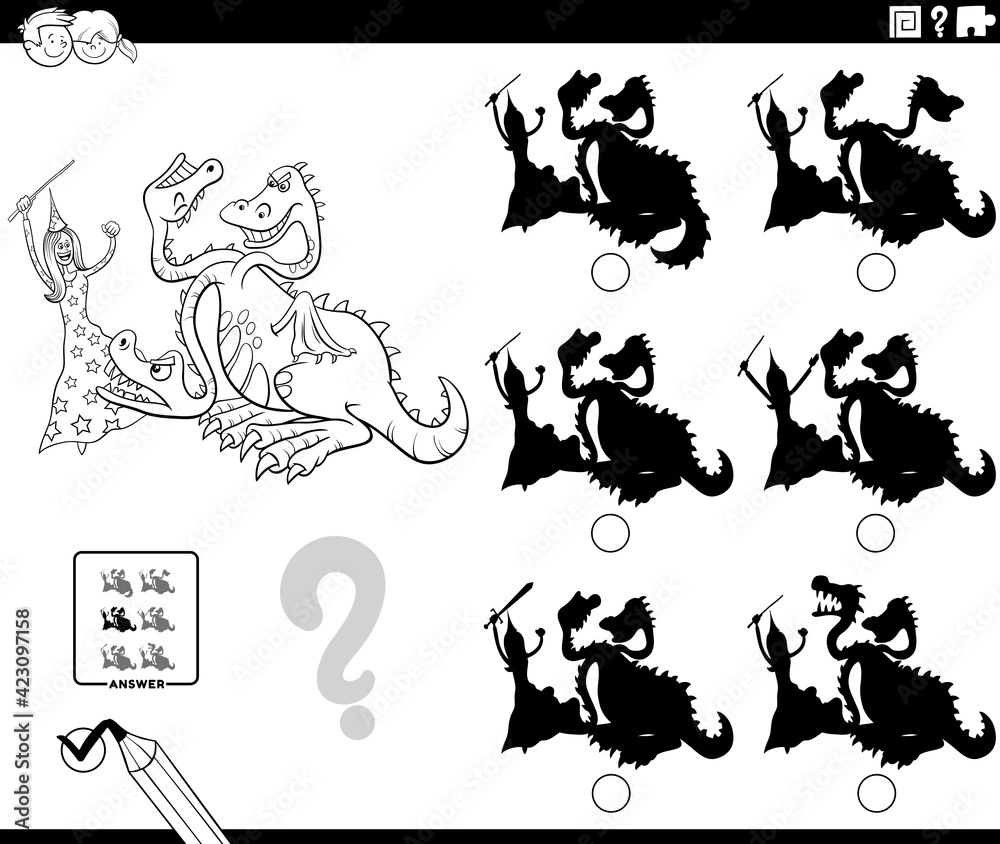 shadows game with witch and dragon coloring book page shadows game with witch and dragon coloring book page