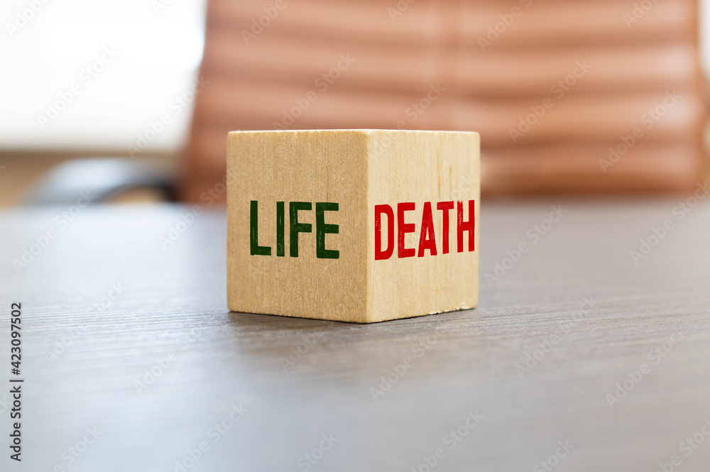 Death and Life words written on wooden block Death and Life words written on wooden block
