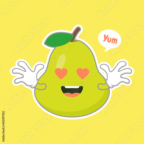 cute and happy cartoon style green pear characters for healthy food, vegan and cooking design. kawaii pear fruit with funny expression