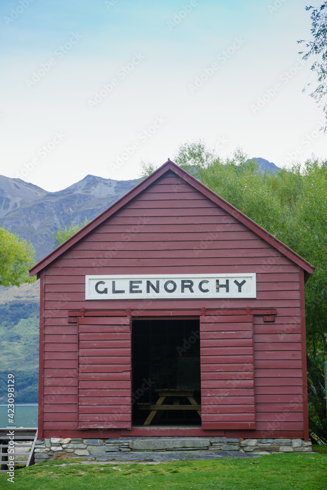 Historic old railway shed on side of Lake Wakatipu Historic old railway shed on side of Lake Wakatipu