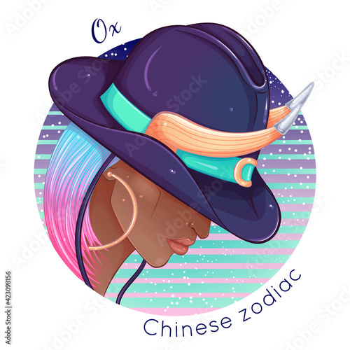 Chinese Zodiac. Vector illustration the symbols of the year of Ox as a beautiful African American fashion girl in hat. Sign inscribed in a round shape. Fashion woman. Design for print, poster