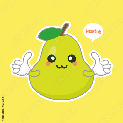 cute and happy cartoon style green pear characters for healthy food, vegan and cooking design. kawaii pear fruit with funny expression