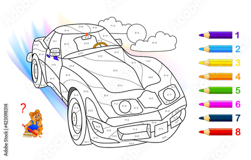 Math education for little children. Coloring book. Mathematical exercises on addition and subtraction. Solve examples and paint the automobile. Developing counting skills. Worksheet for kids.