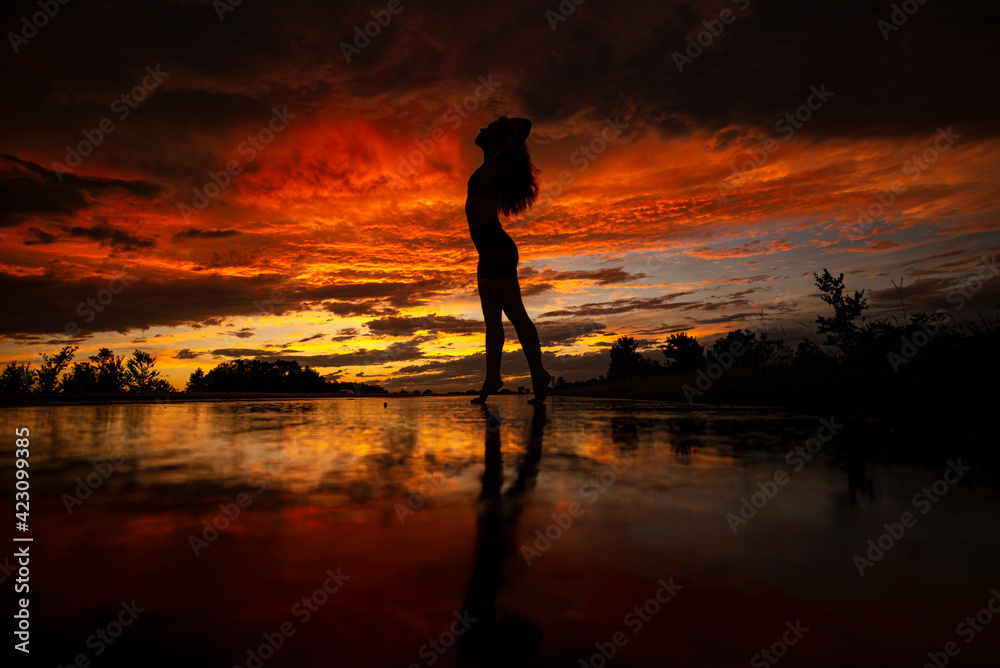 Black silhouette of pretty girl or beautiful woman, sexy slim model, with long hair poses on sea beach at sunset outdoors on violet sky background