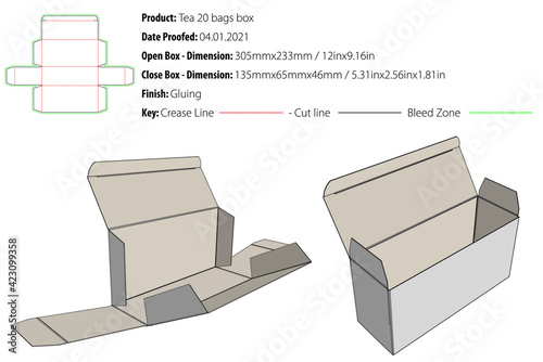 Tea box for 20 bags packaging design template gluing die cut - vector