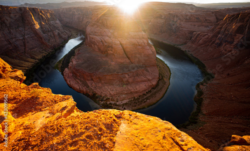 Sunset moment at Horseshoe bend Grand Canyon National Park. Travel and adventure concept.