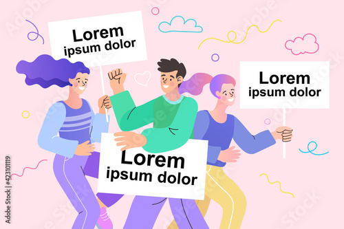 Group of three happy talking friends. Team of colleagues, students, happy men and women. Multinational society. Friendship, teamwork and cooperation. Vector flat illustration.