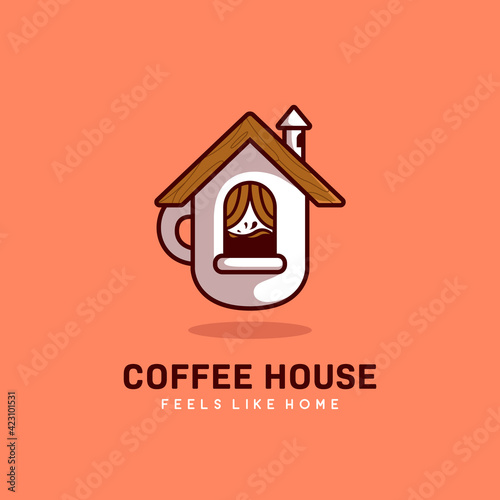 Coffee house hommy coffee cafe feels like home logo with cup in house shape icon illustration