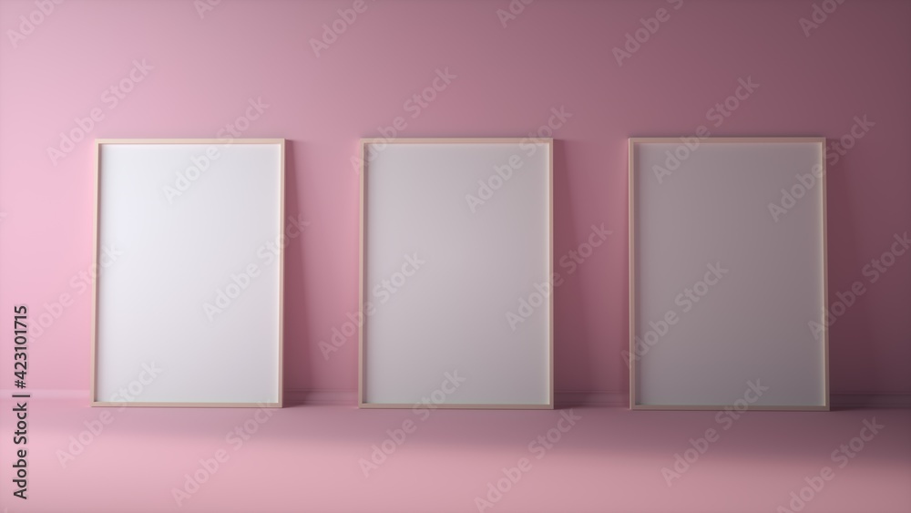 Blank three photo frames on light pink wall mock up. 3d rendering Blank three photo frames on light pink wall mock up. 3d rendering