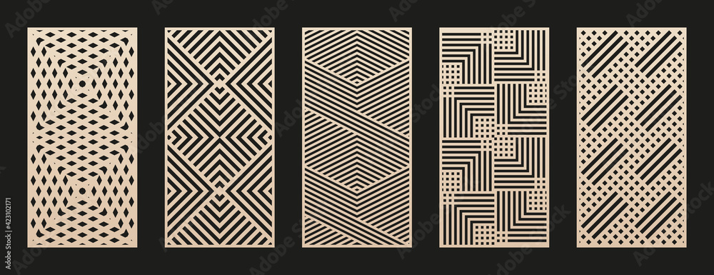 Laser cut patterns collection. Vector set with abstract geometric ornament, lines, stripes, grid, lattice. Decorative stencil for laser cutting of wood panel, metal, plastic, paper. Aspect ratio 1:2