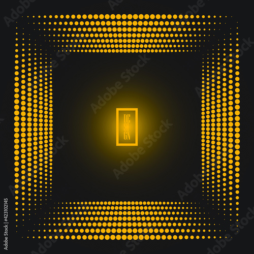 Yellow halftone dots in square form. Gray background. Halftone dots. Trendy design element for border frame, rounded logo, symbol, web, prints, posters, template, pattern and abstract background