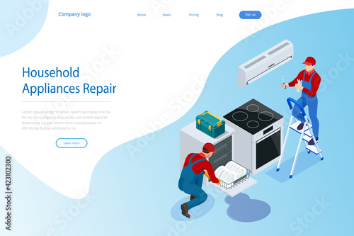 Isometric household appliances repair concept. Repair support service