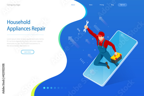 Isometric household appliances repair concept. Repair support service