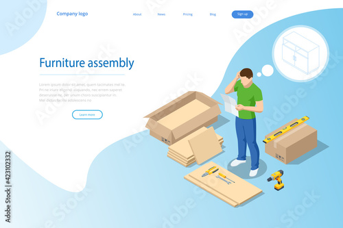 Isomtric man does the assembly of furniture himself at home. Furniture assembly help with man confused by assembly instruction.