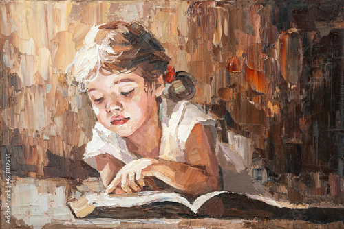 Fototapeta Naklejka Na Ścianę i Meble -  Picture in which a child reads a book in the warm sun. Little girl with.blond hair on a brown background. Oil painting on canvas.