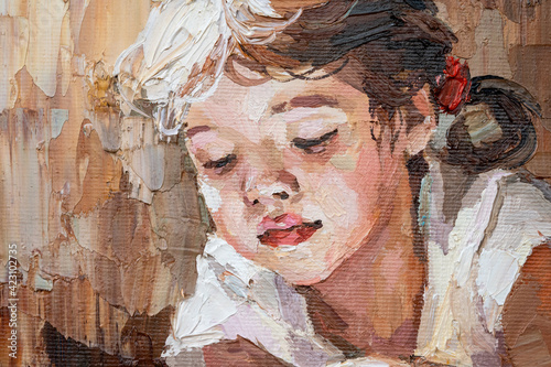 Fototapeta Naklejka Na Ścianę i Meble -  A fragment of a picture in which a child reads a book in the warm sun. Little girl with.blond hair on a brown background. Oil painting on canvas.