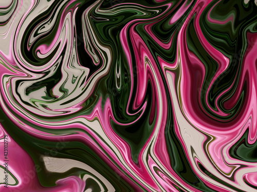 Marbled dark pink, green, white abstract background with wet effect. Liquid marble pattern.