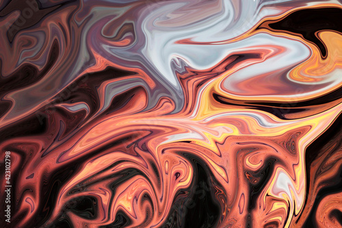 Fantasy fluid art background in green tints with orange, pink, black, grey, blue wet effect. Flowing ripple effect of liquid ink. Liquid marble.