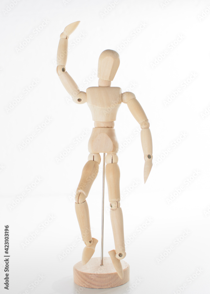 Painting Sketch Wooden Man Model Artist Movable Limbs Doll Wood Carving Man Wooden Toy Art Draw Action Figure Mannequin Kids Toy puppet with an arm up, on a reflective mirrored white floor and white Painting Sketch Wooden Man Model Artist Movable Limbs Doll Wood Carving Man Wooden Toy Art Draw Action Figure Mannequin Kids Toy puppet with an arm up, on a reflective mirrored white floor and white