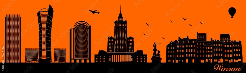Vector city skyline silhouette - illustration, 
Town in orange background, 
Warsaw Poland