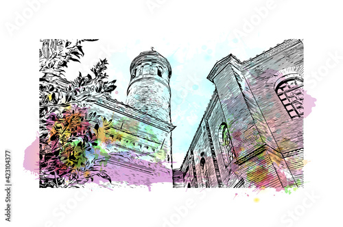 Building view with landmark of Ravenna is the 
city in Italy. Watercolour splash with hand drawn sketch illustration in vector.