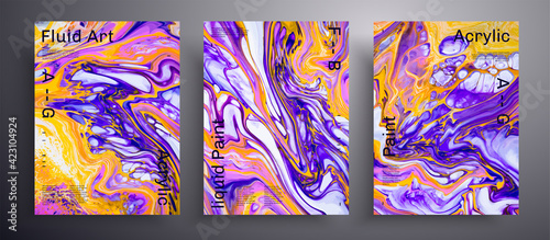 Abstract vector placard, texture pack of fluid art covers. Trendy background that applicable for design cover, poster, brochure and etc. Blue, pink, yellow and white creative iridescent artwork.