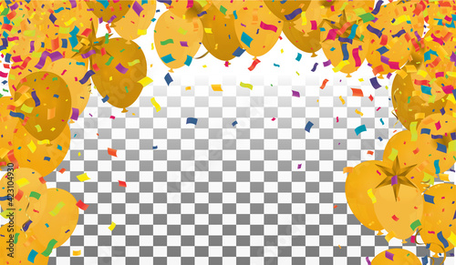 Vector party balloons gold illustration. Confetti and ribbons flag ribbons, Celebration background template