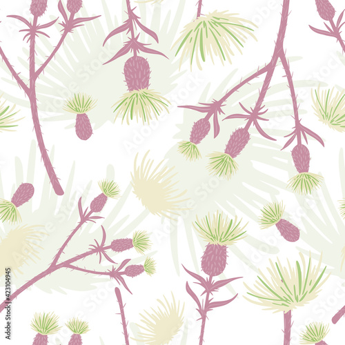 Seamless pattern thistle on white background. Beautiful hand drawn burdock for design fabric