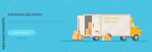 Vector illustration of express delivery. The car is ready to go. Deliveries advertisement.