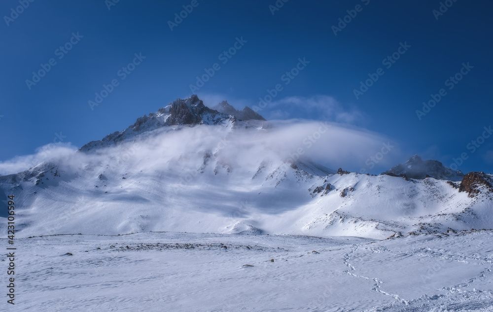 Winter view of Erciyes mountain covered with snow in february 2021