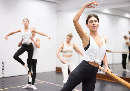 Row of female ballet dancers in dance studio