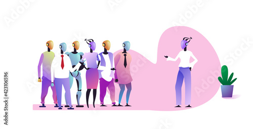 Wallpaper Mural female robotic boss talking about development strategy to robots team at conference meeting artificial intelligence technology briefing concept horizontal full length Torontodigital.ca