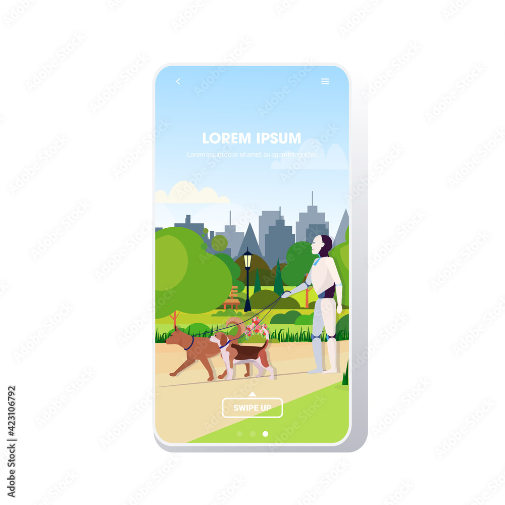 Naklejka premium modern robot walking with dogs artificial intelligence technology concept public park cityscape background smartphone screen mobile app copy space full length